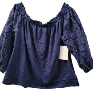 Calligraphy Blouse Women's Eyelet Lace Ballon Sleeve Size M